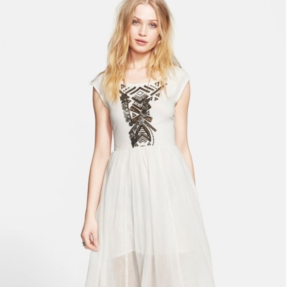 White Embroidered Cap-Sleeve Tulle Dress